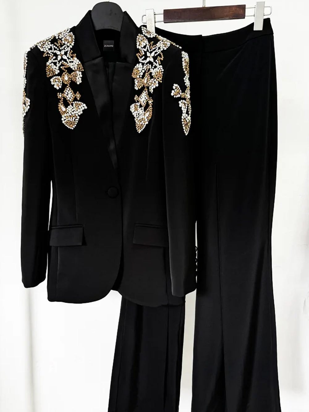 Black Embellished Floral Shoulder Blazer Slit Flared Pants Set 6