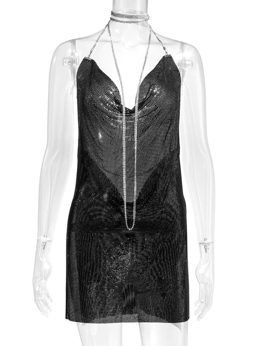 Chain Strap Cowl Neck Backless Chainmail Mini Dress