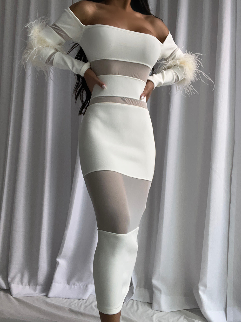 White Off-Shoulder Feather Cuff Long Sleeve Sheer Mesh Bodycon Midi Dress 3