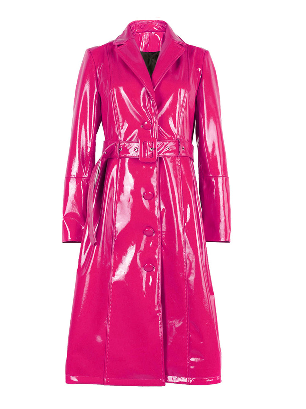 Lapel Collar Patent Leather Belted Button Front Trench Coat