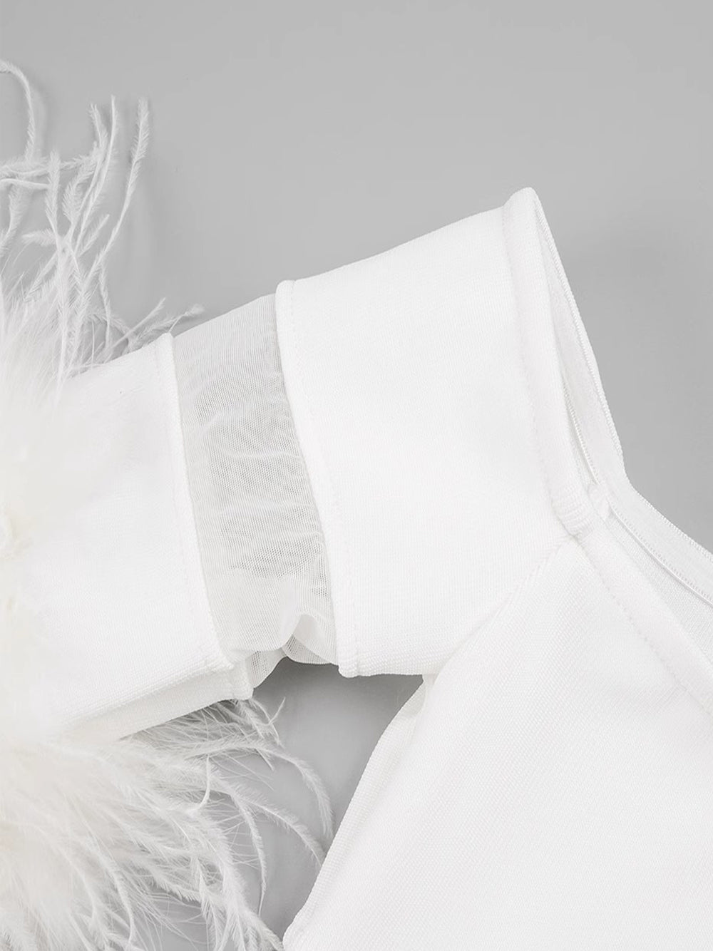 White Off-Shoulder Feather Cuff Long Sleeve Sheer Mesh Bodycon Midi Dress 9