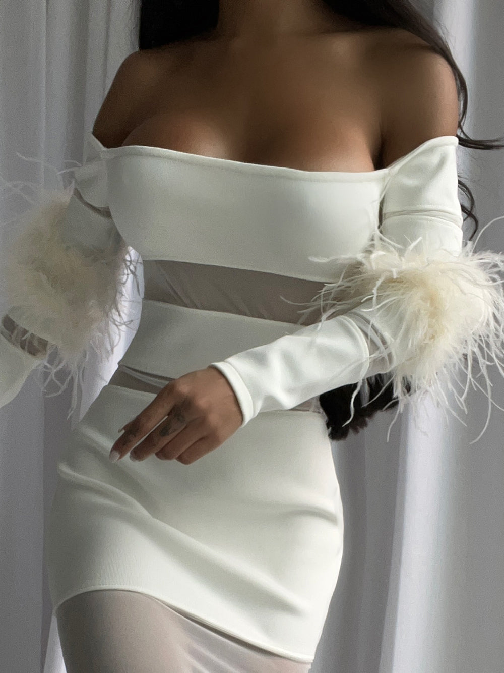 White Off-Shoulder Feather Cuff Long Sleeve Sheer Mesh Bodycon Midi Dress 6