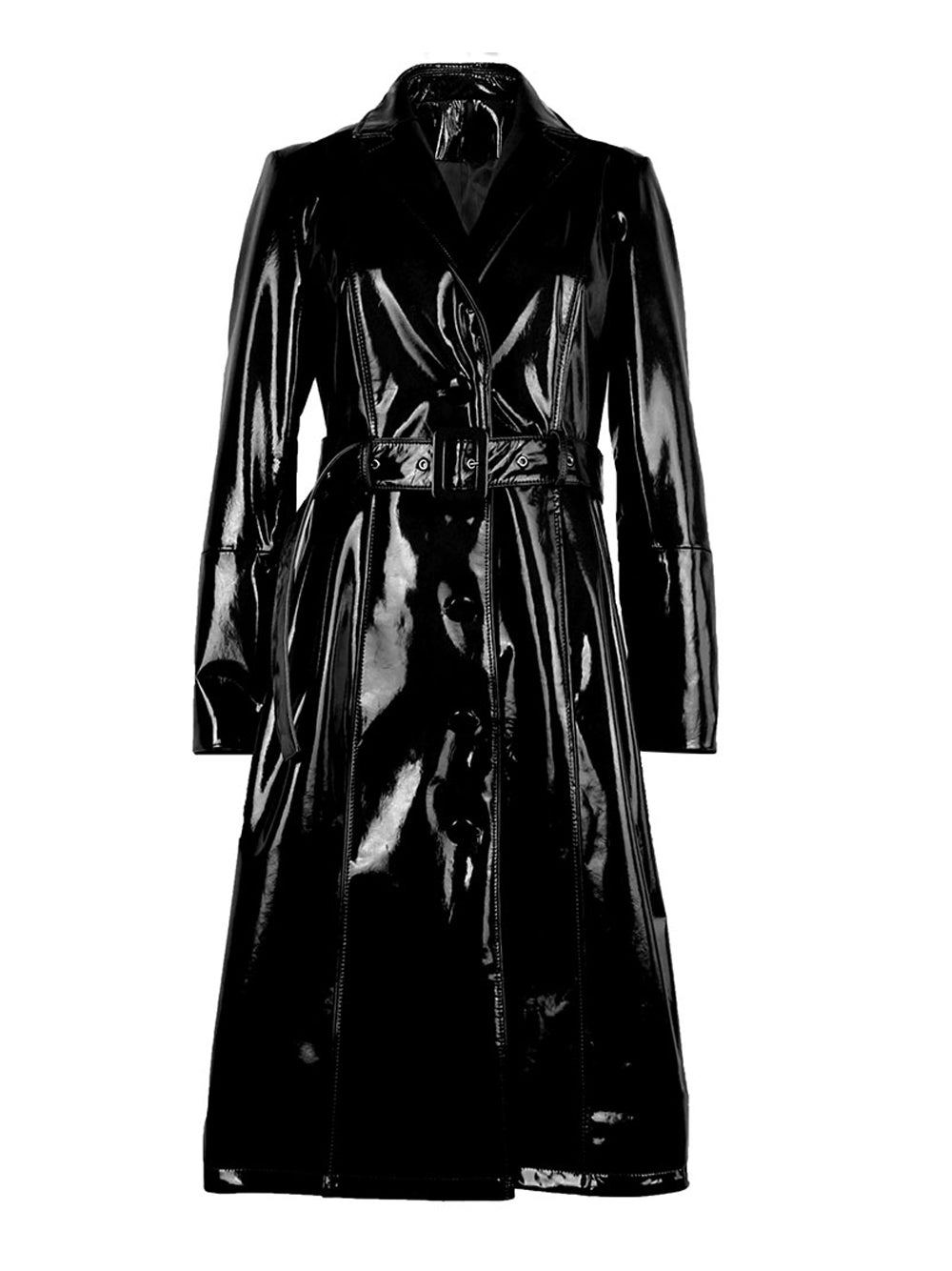 Lapel Collar Patent Leather Belted Button Front Trench Coat