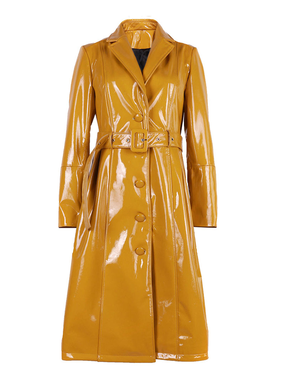 Lapel Collar Patent Leather Belted Button Front Trench Coat