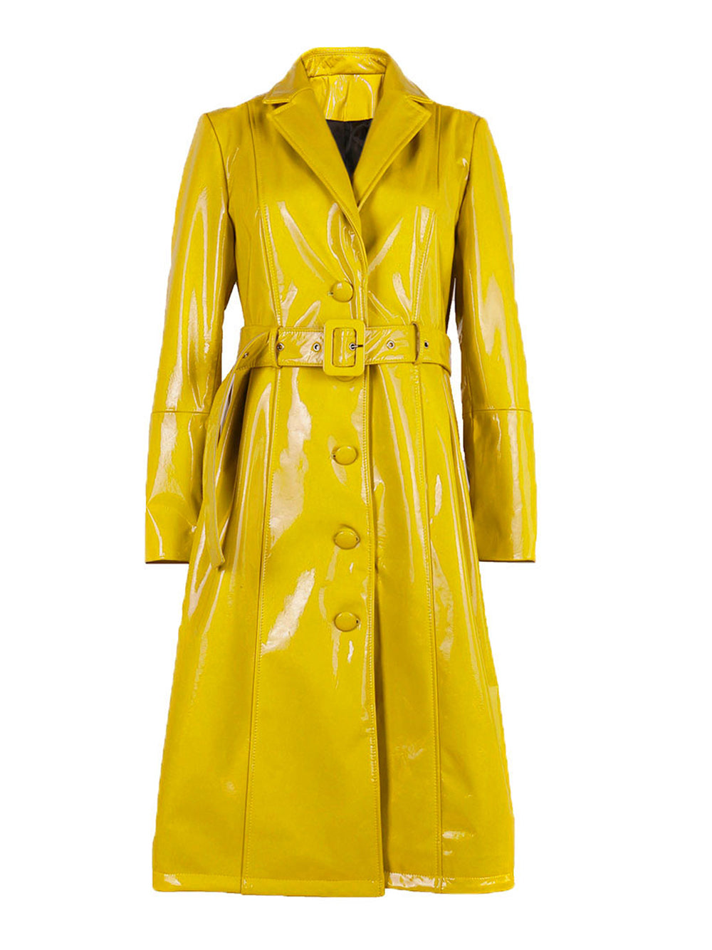 Lapel Collar Patent Leather Belted Button Front Trench Coat