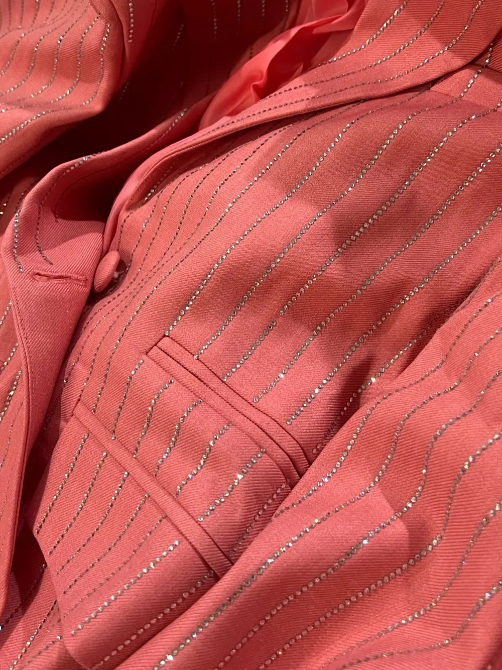 Pink Peak Lapel Rhinestone Pinstripe Oversized Blazer And Pants Set 18