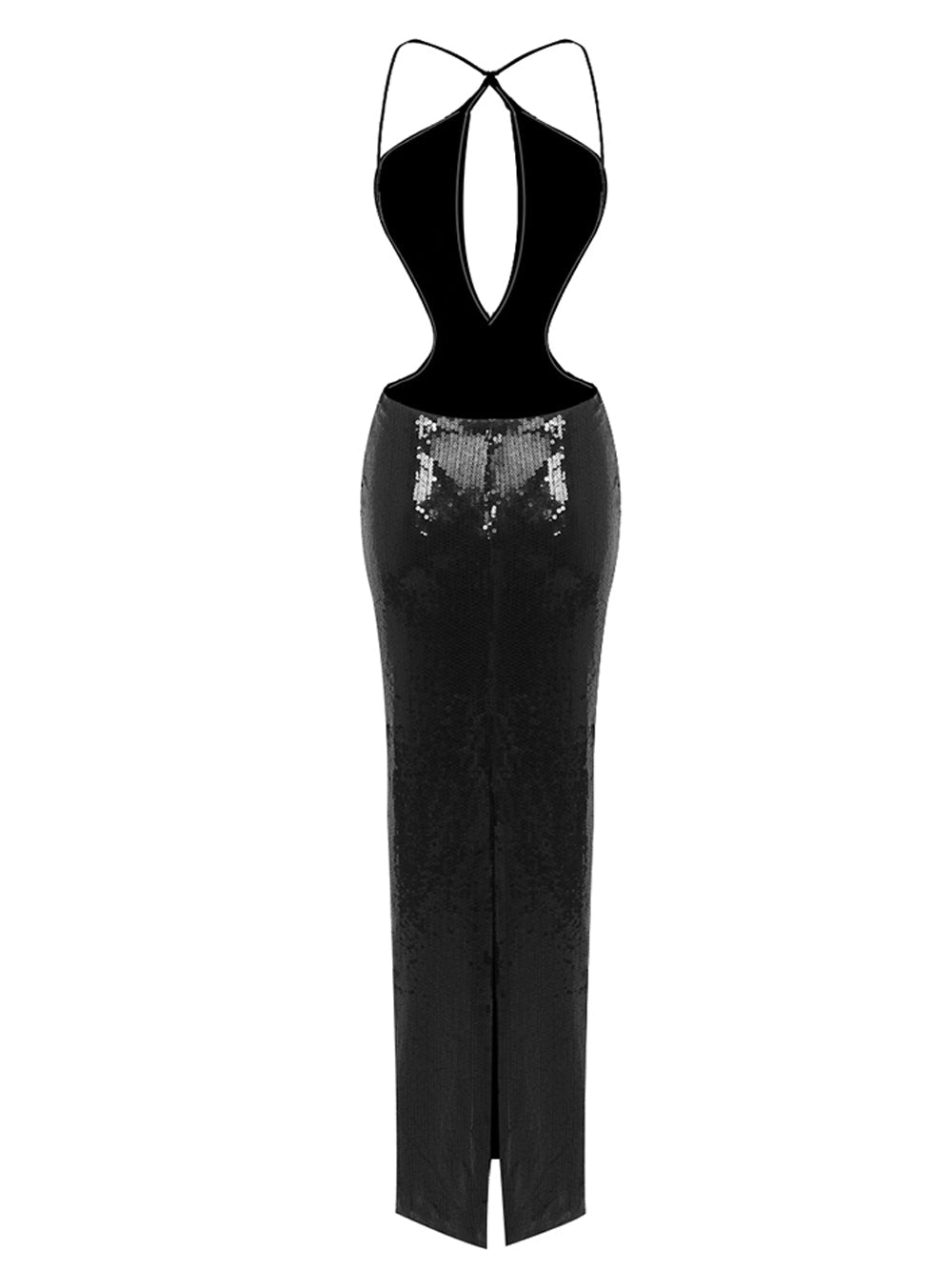 Black Halter Strap Sequin Keyhole Cutout Bodycon Maxi Dress 2