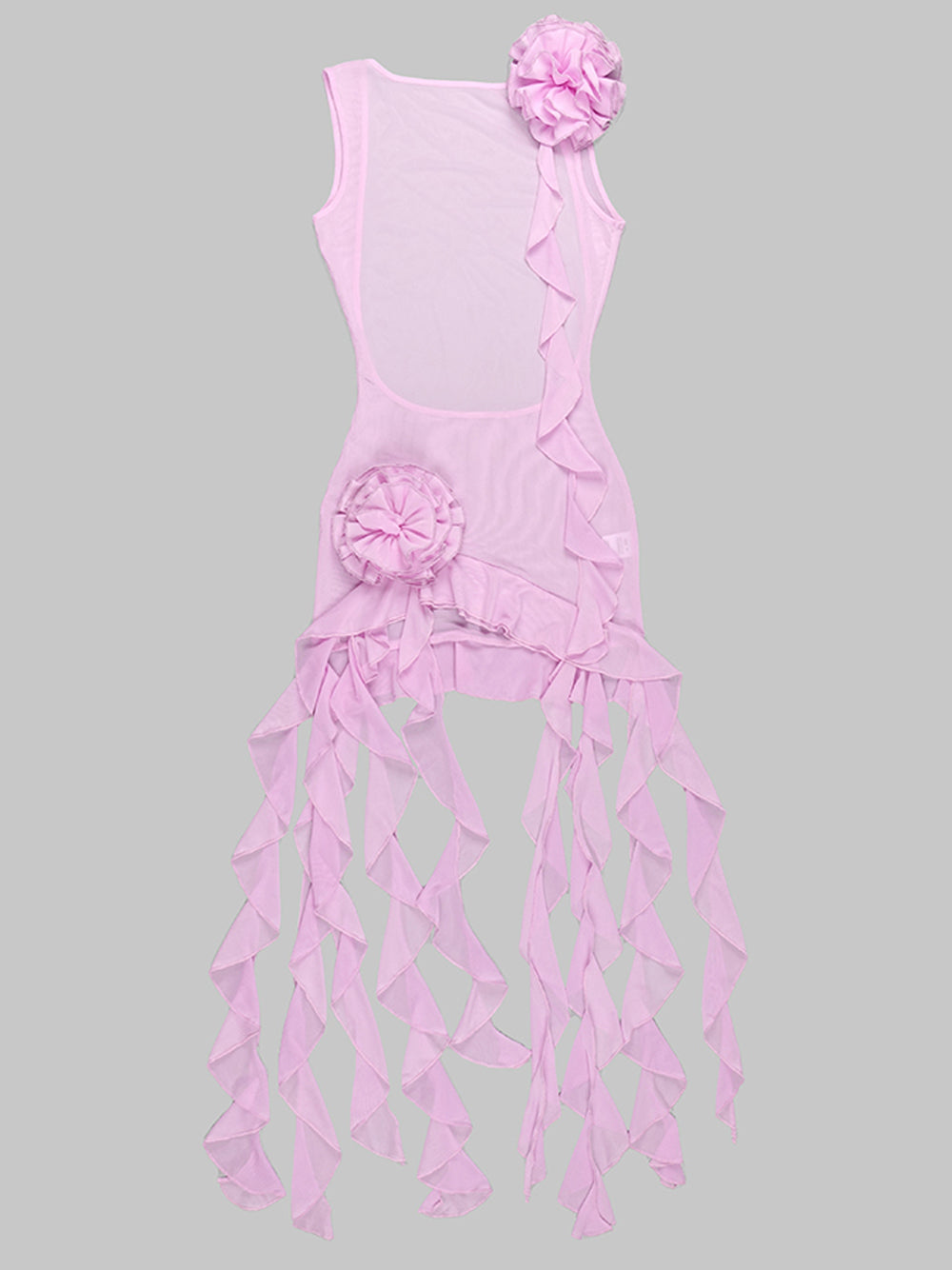 Pink Boat Neck Floral Applique Mesh Asymmetric Ruffle Bodycon Mini Dress 5