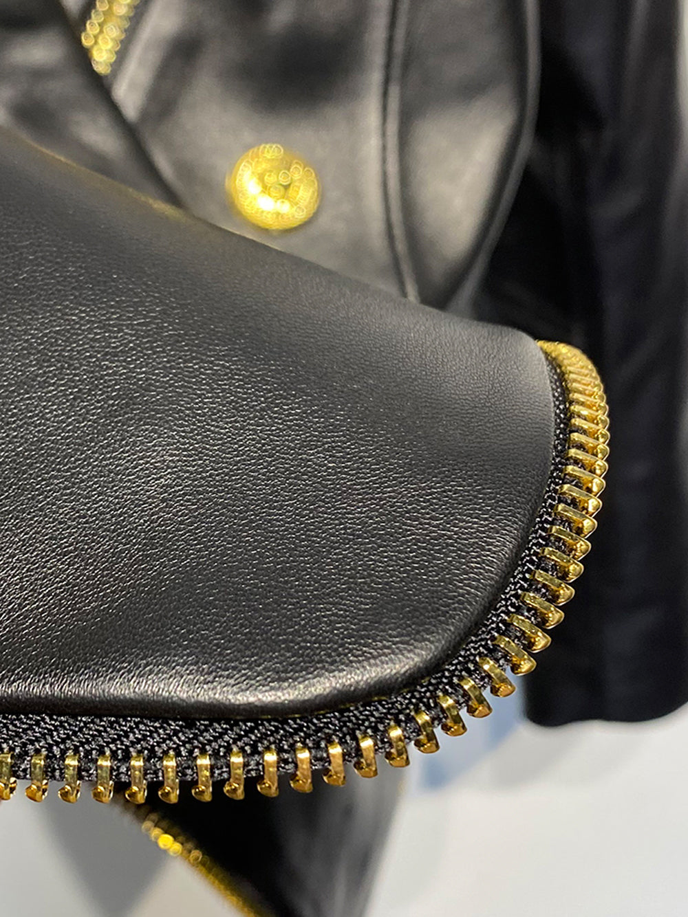 Black Peak Lapel Double Breasted Gold Button Zip Leather Blazer