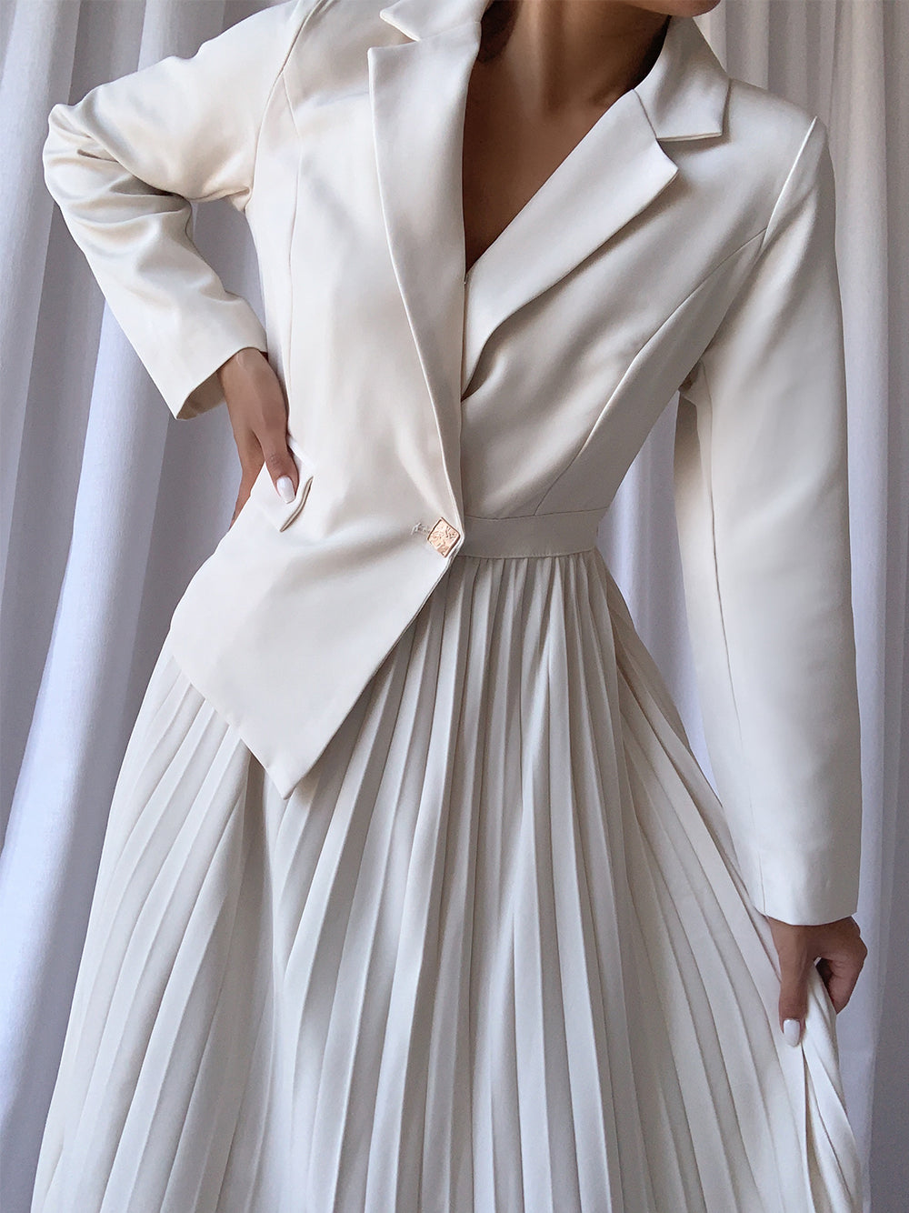 Lapel Collar Long Sleeve Belted Blazer Pleated A-Line Midi Dress 7