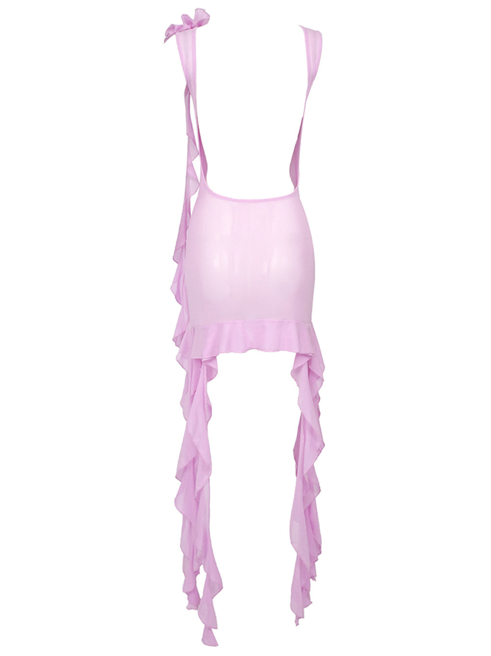 Pink Boat Neck Floral Applique Mesh Asymmetric Ruffle Bodycon Mini Dress 2