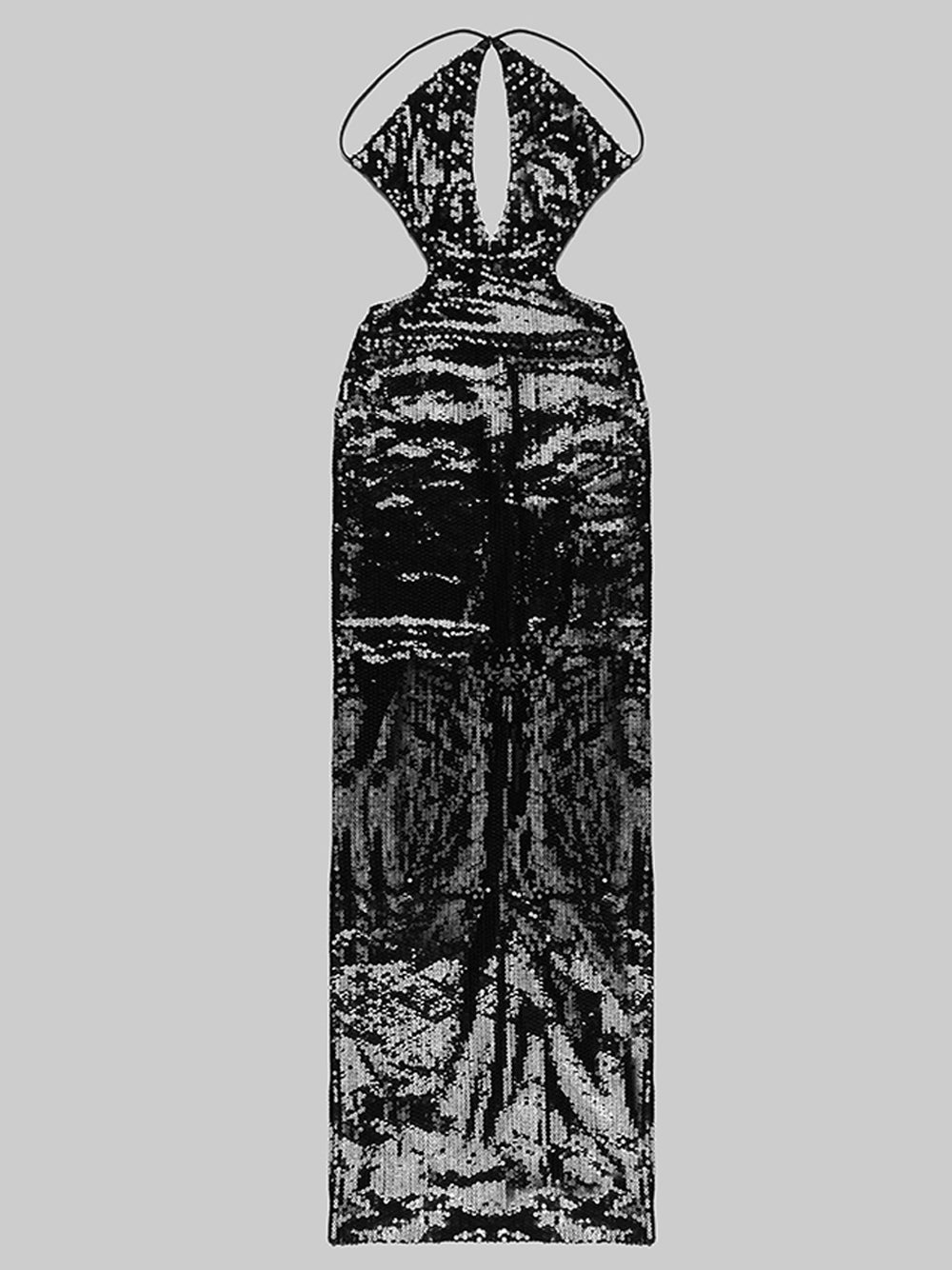 Black Halter Strap Sequin Keyhole Cutout Bodycon Maxi Dress 7