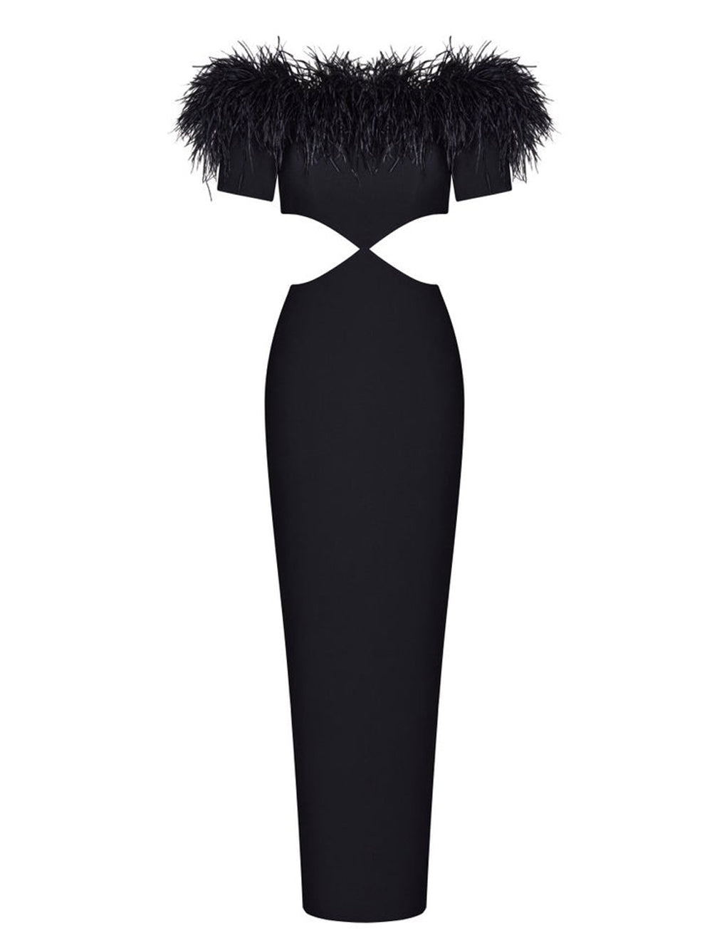 Black Off-Shoulder Feather Trim Waist Cutout Bodycon Maxi Gown