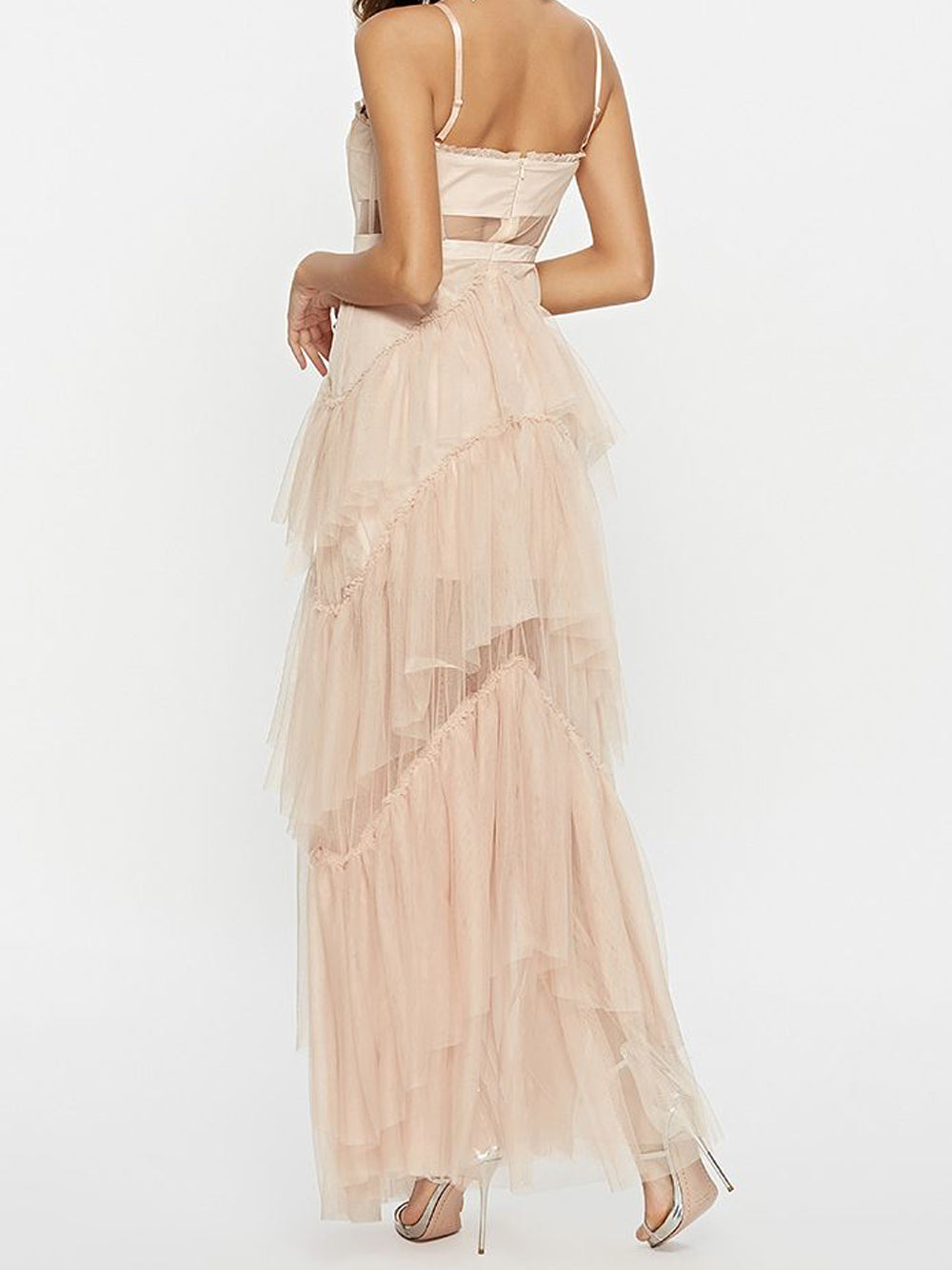 Beige Strap Corset Bustier Tiered Ruffle Tulle Maxi Gown 6
