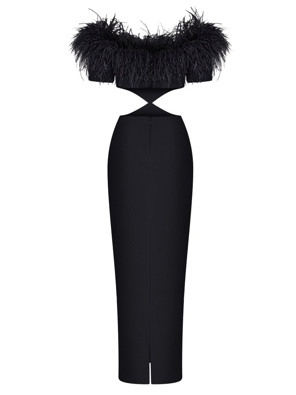 Black Off-Shoulder Feather Trim Waist Cutout Bodycon Maxi Gown 2
