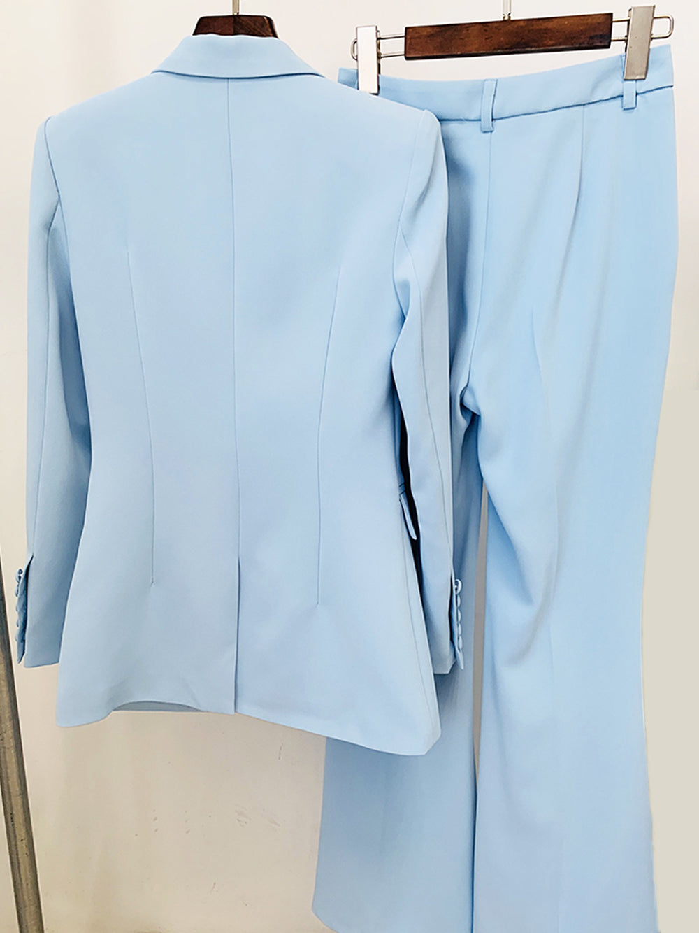 Columbia Blue Peak Lapel Button Cuff Tailored Blazer and Flared Pants Set 8