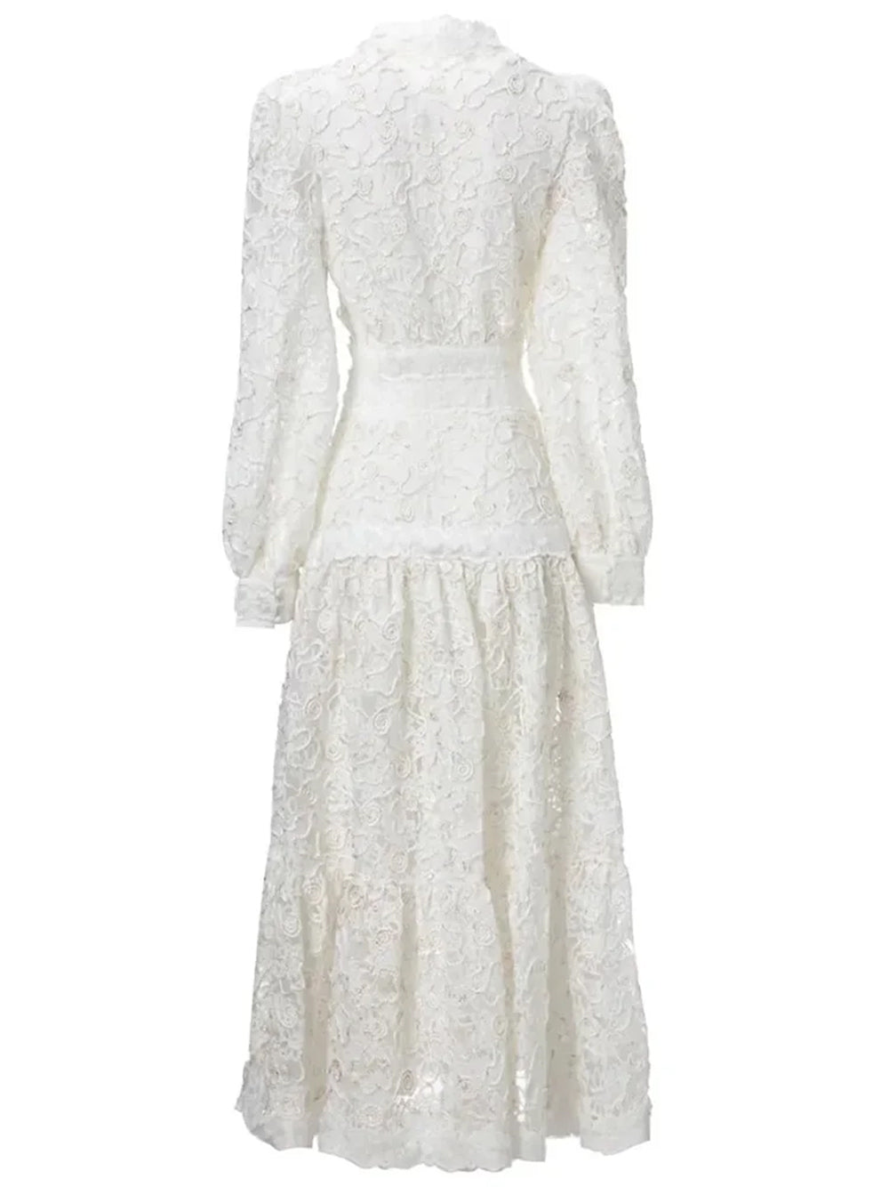 White V-Neck Long Sleeve Floral Lace A-Line Midi Dress