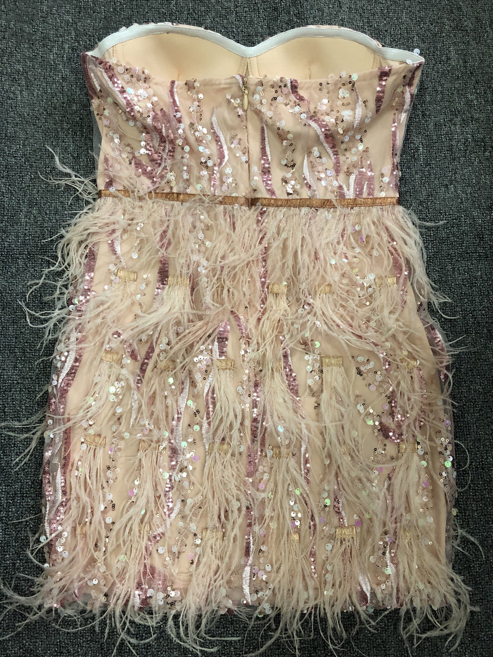 Pink Strapless Sweetheart Sequin Feather Trim Bustier Bodycon Mini Dress 5