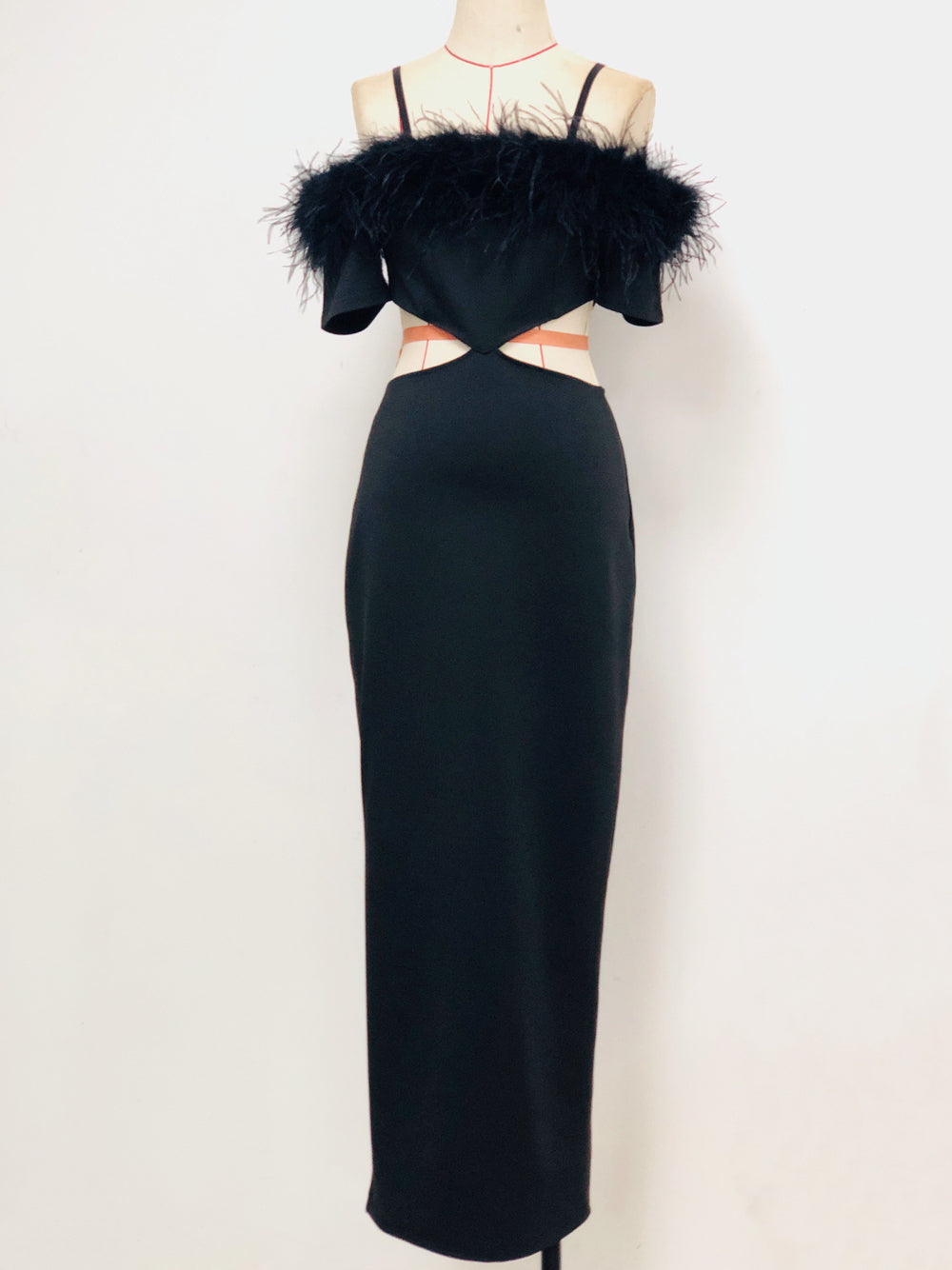 Black Off-Shoulder Feather Trim Waist Cutout Bodycon Maxi Gown 4