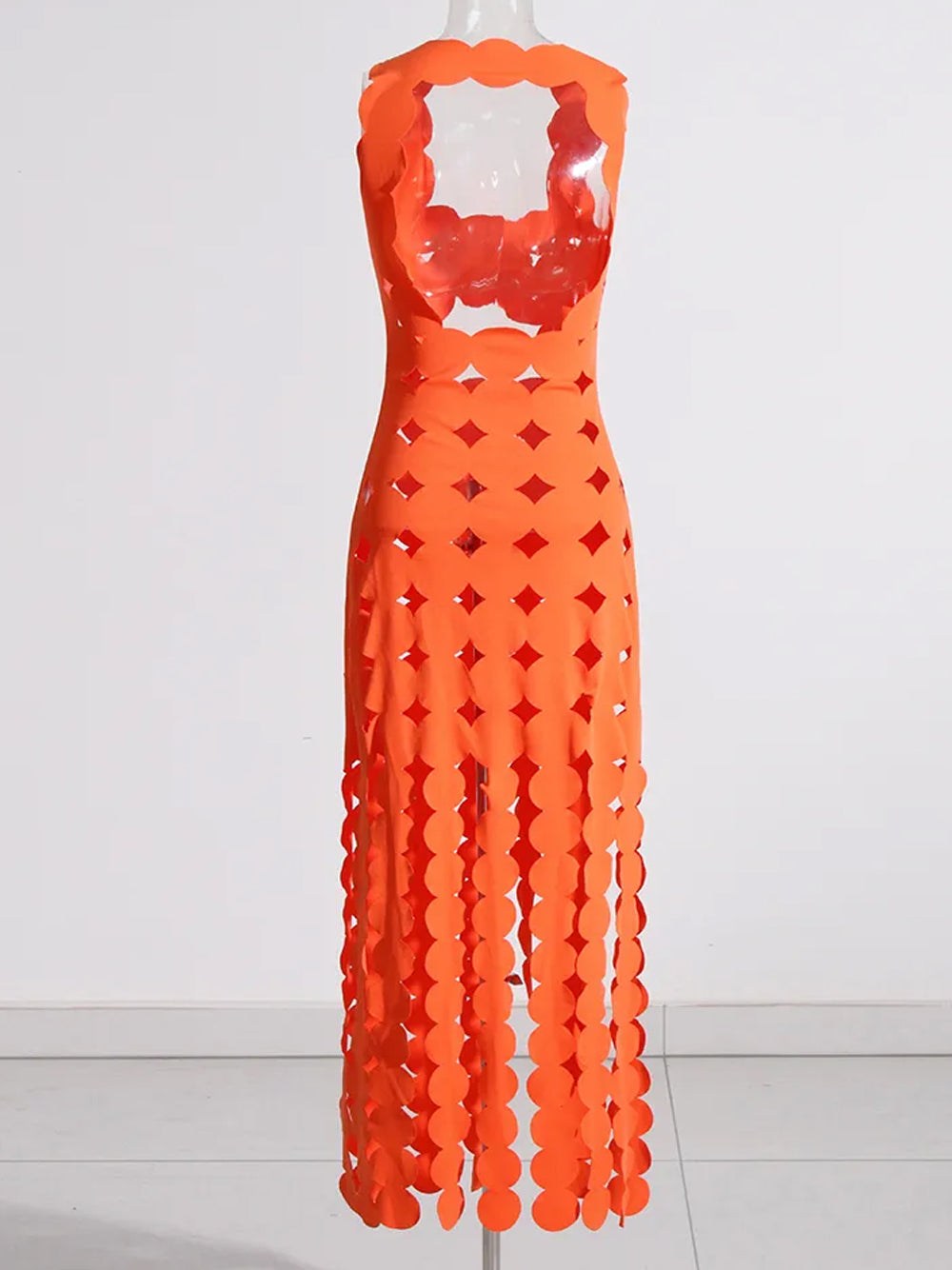 Orange One-Shoulder Laser Cut Scallop Cutout Bodycon Maxi Dress 9