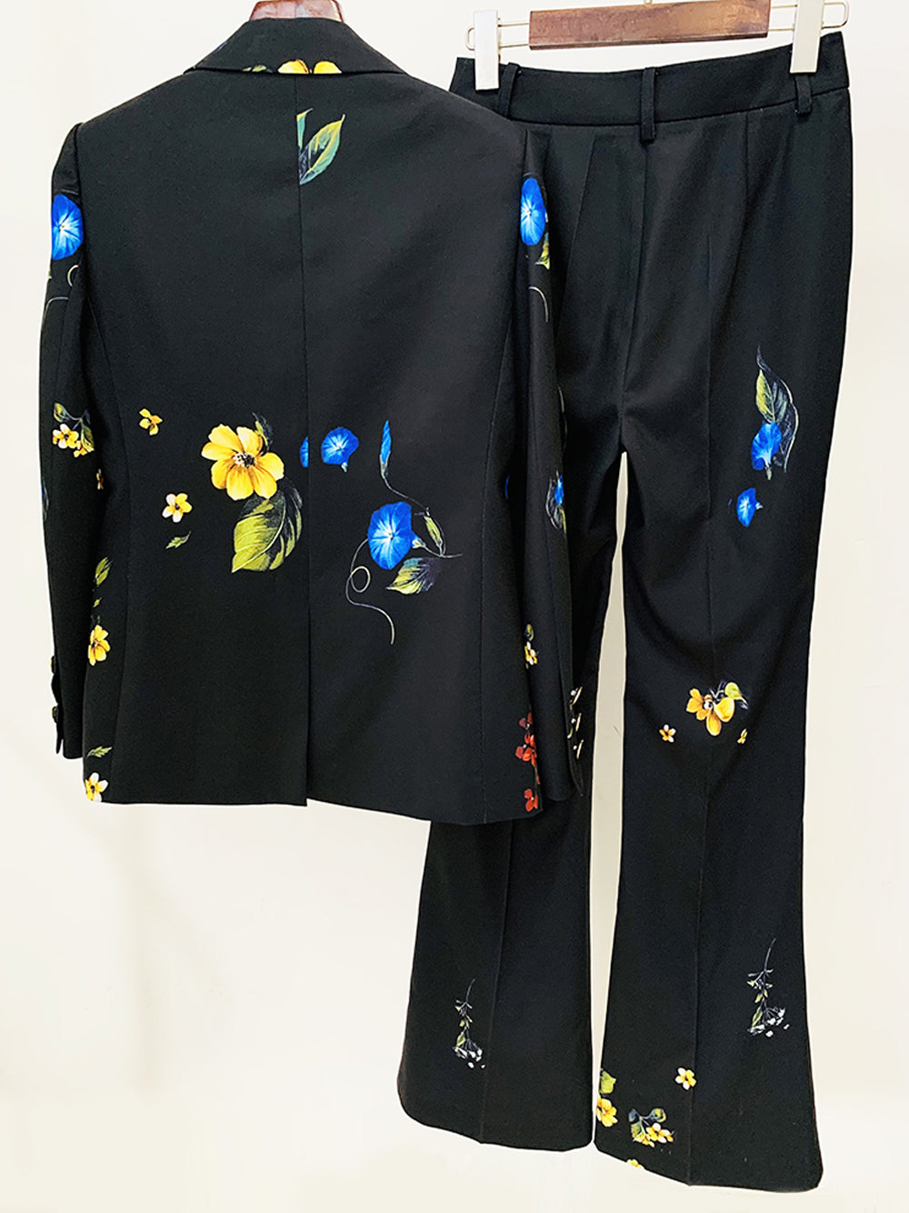 Black Floral Print Lapel Blazer and Flared Pants Set