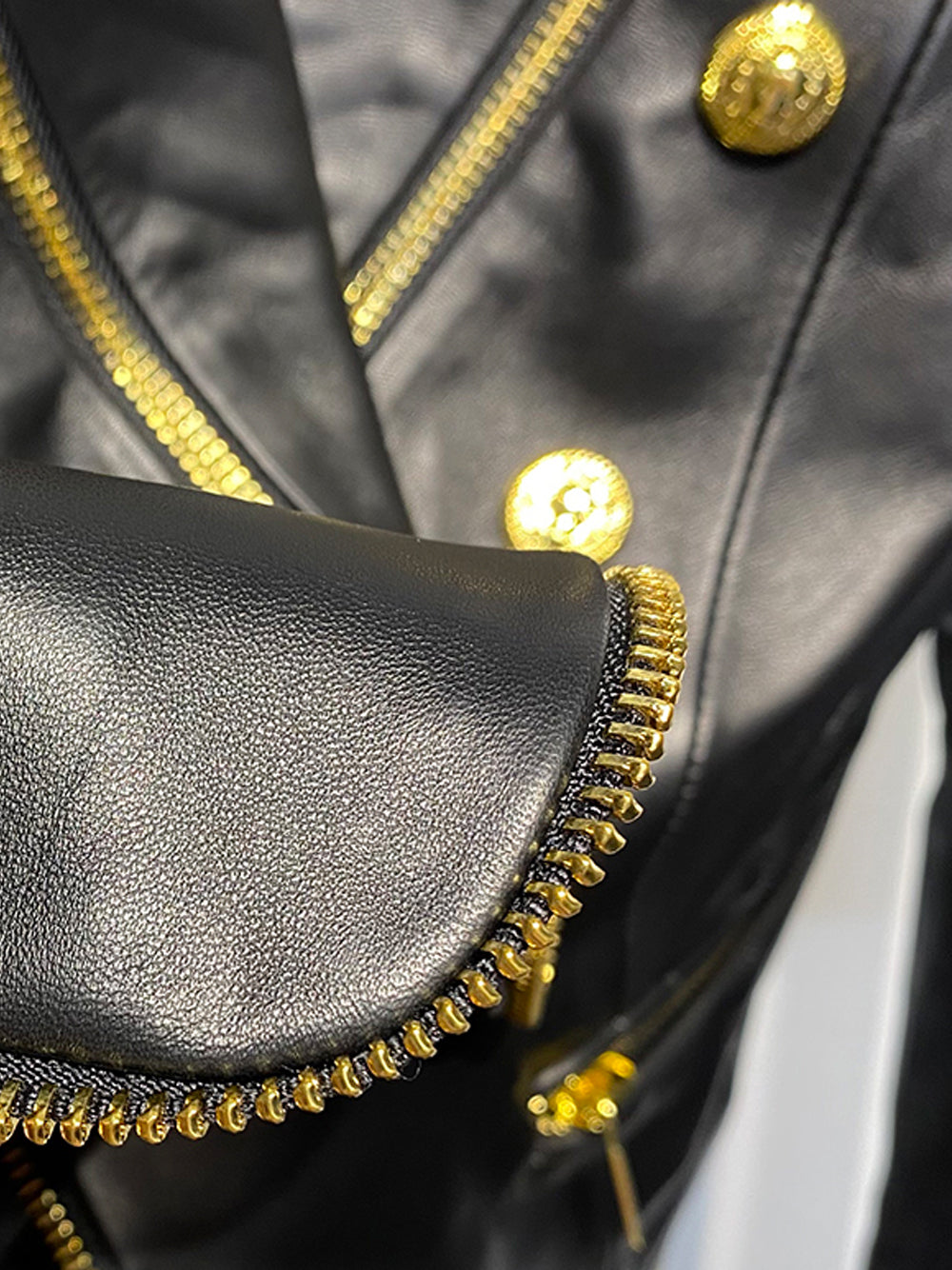 Black Peak Lapel Double Breasted Gold Button Zip Leather Blazer