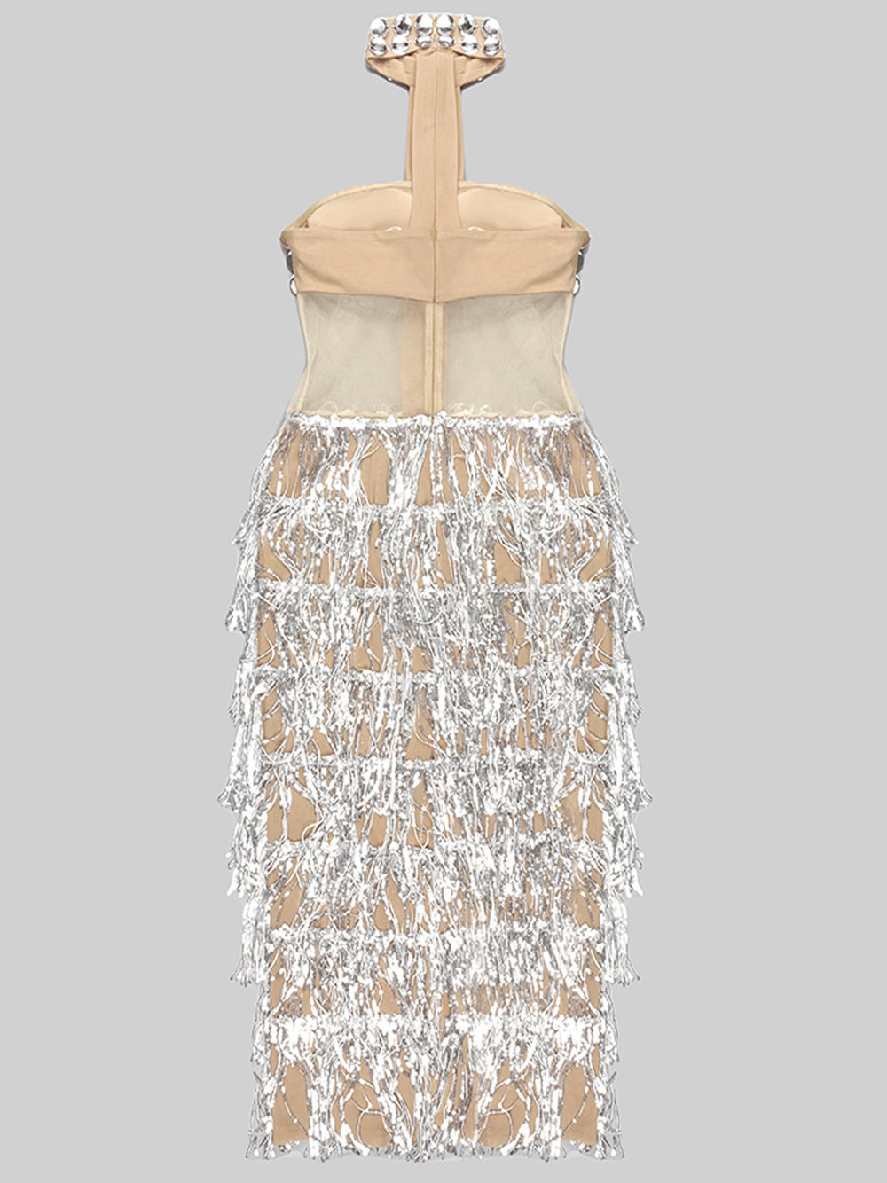 Silver Halter Neck Rhinestone Cutout Waist Sequin Tassel Fringe Bodycon Maxi Dress 5