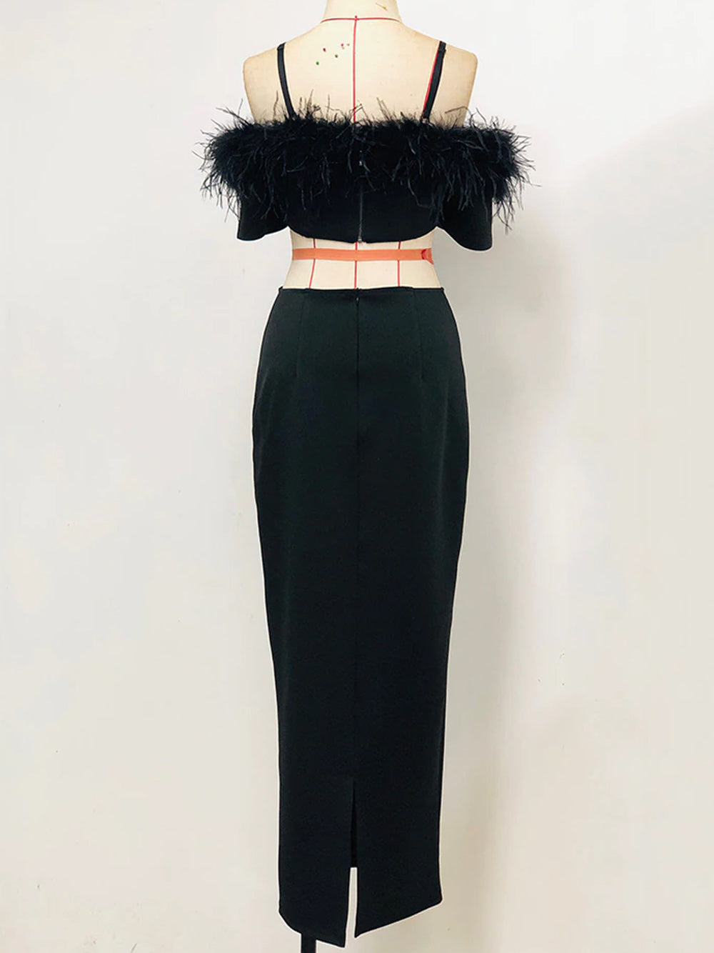 Black Off-Shoulder Feather Trim Waist Cutout Bodycon Maxi Gown 5