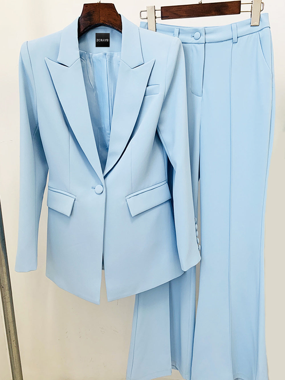 Columbia Blue Peak Lapel Button Cuff Tailored Blazer and Flared Pants Set 7