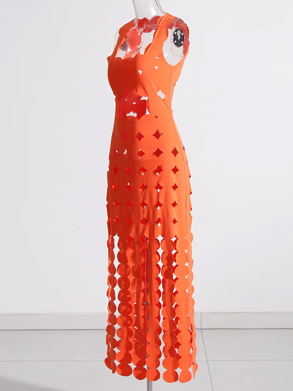 Orange One-Shoulder Laser Cut Scallop Cutout Bodycon Maxi Dress 8