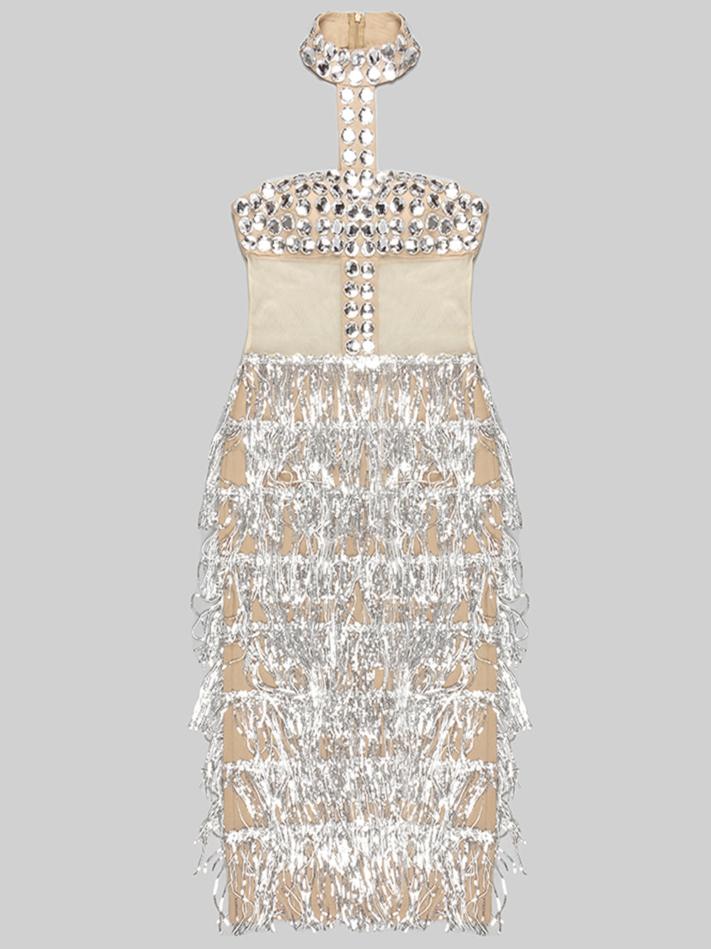 Silver Halter Neck Rhinestone Cutout Waist Sequin Tassel Fringe Bodycon Maxi Dress 4