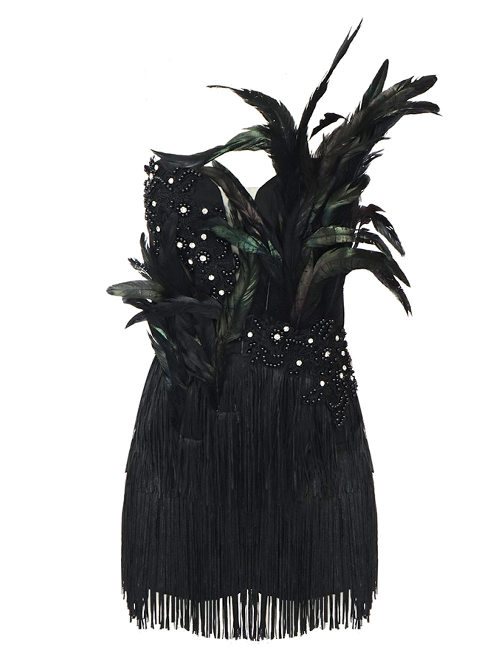 Black Strapless Feather Beaded Applique Fringe Bodycon Mini Dress