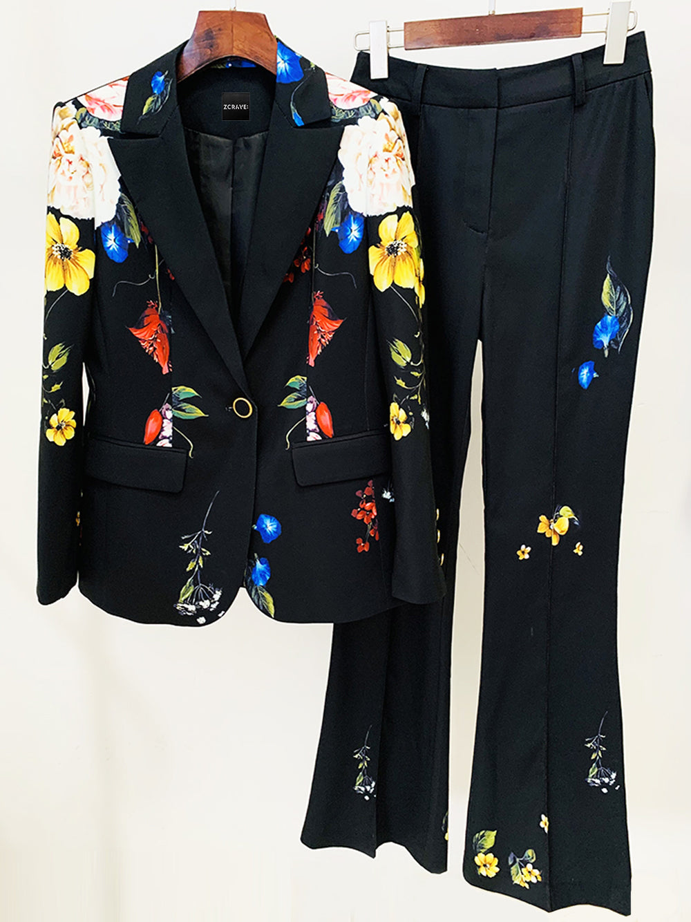 Black Floral Print Lapel Blazer and Flared Pants Set