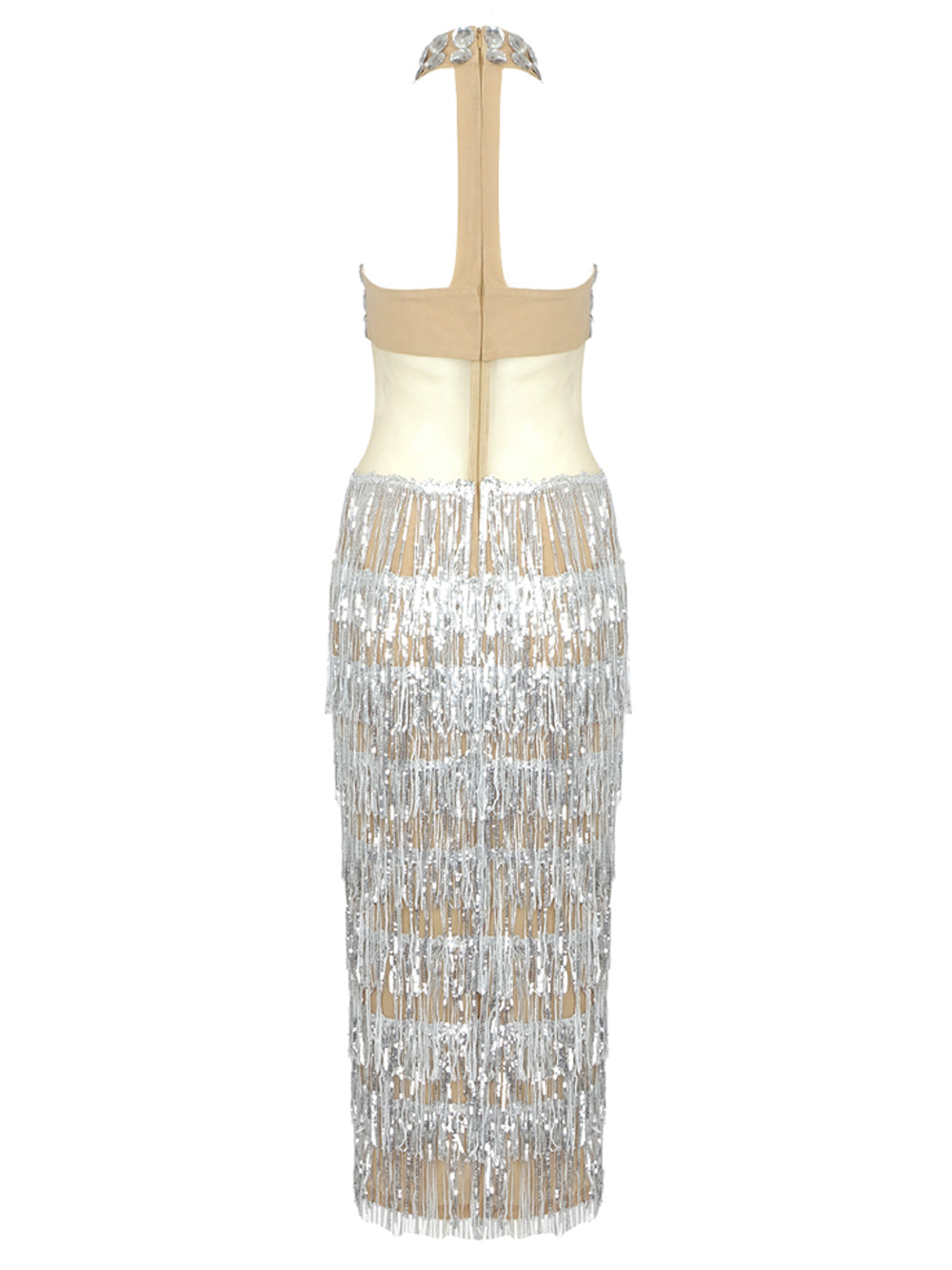 Silver Halter Neck Rhinestone Cutout Waist Sequin Tassel Fringe Bodycon Maxi Dress 2