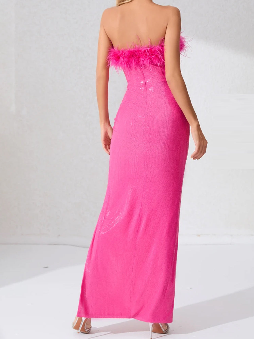 Fuchsia Strapless Feather Trim Sequin High Slit Bodycon Maxi Dress 5