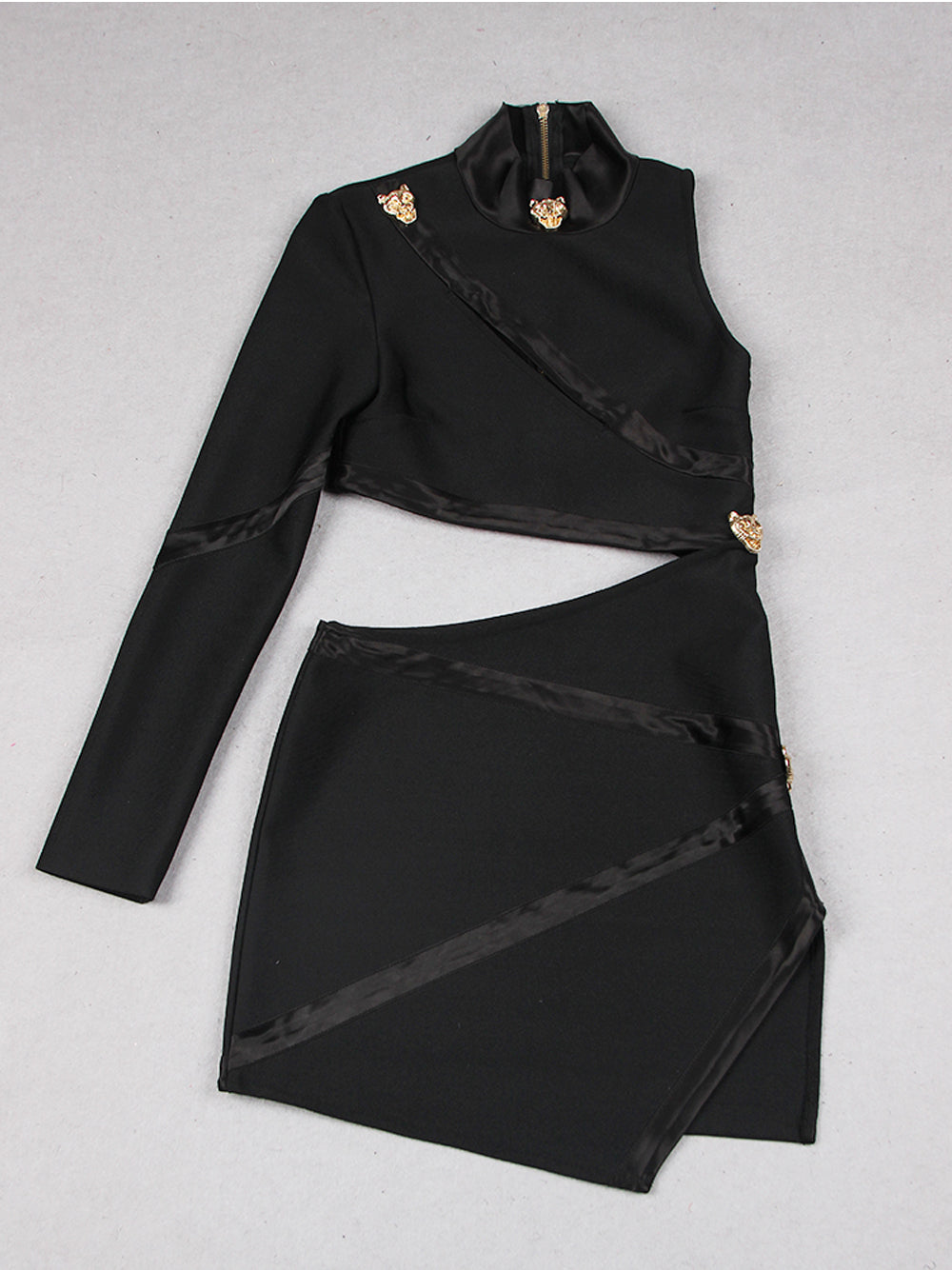 Black High Neck One Shoulder Cutout Gold Button Bodycon Mini Dress