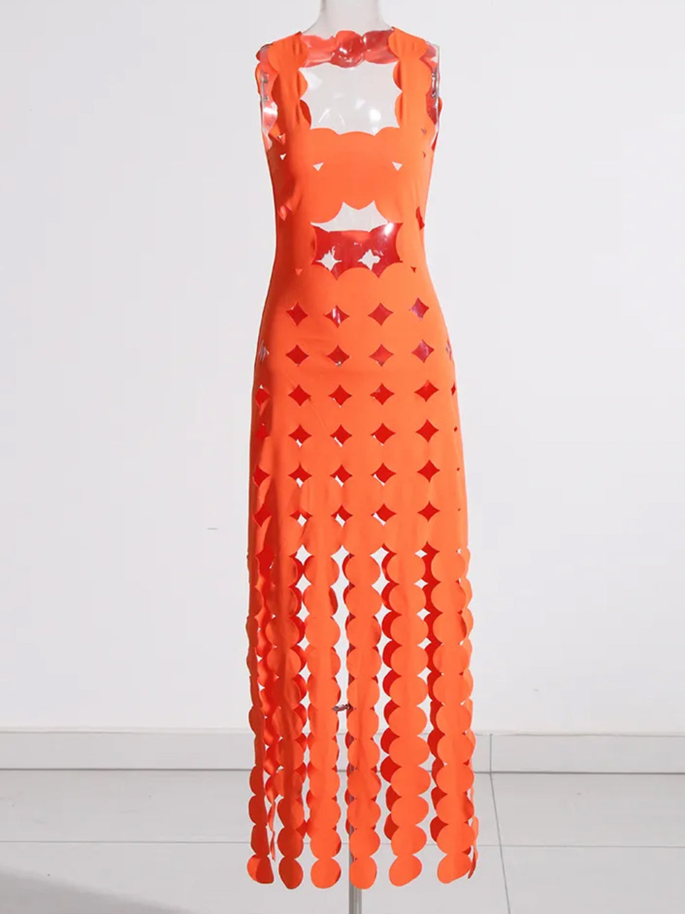 Orange One-Shoulder Laser Cut Scallop Cutout Bodycon Maxi Dress 7