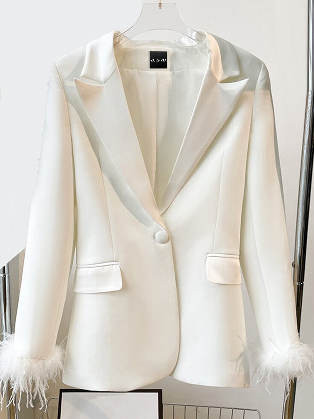 White Feather Trim Peak Lapel Blazer and Pants Set