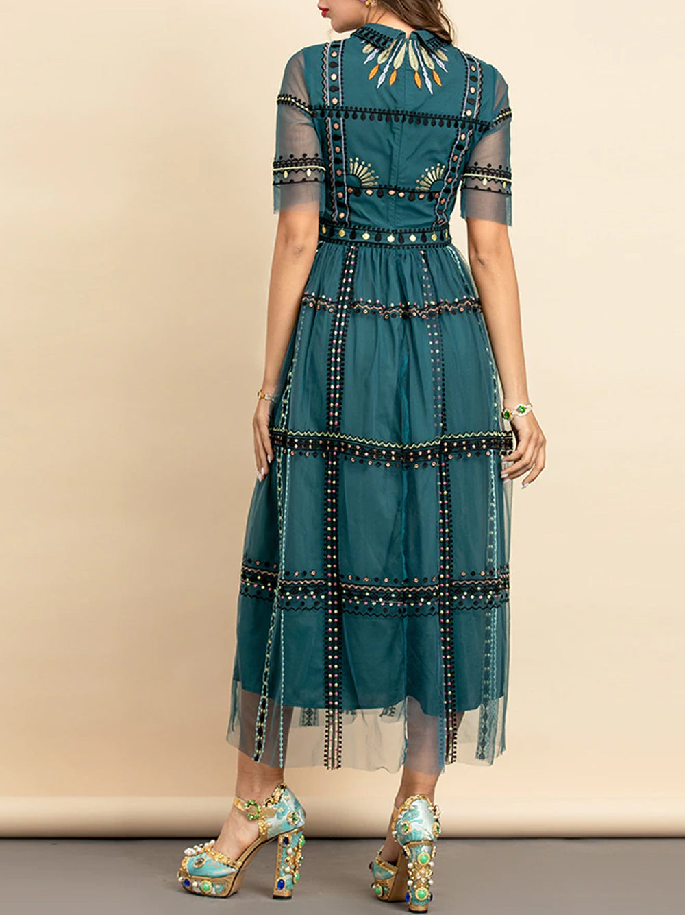 Green Collared Embroidered Sequin Mesh Short Sleeve A-Line Maxi Dress 7