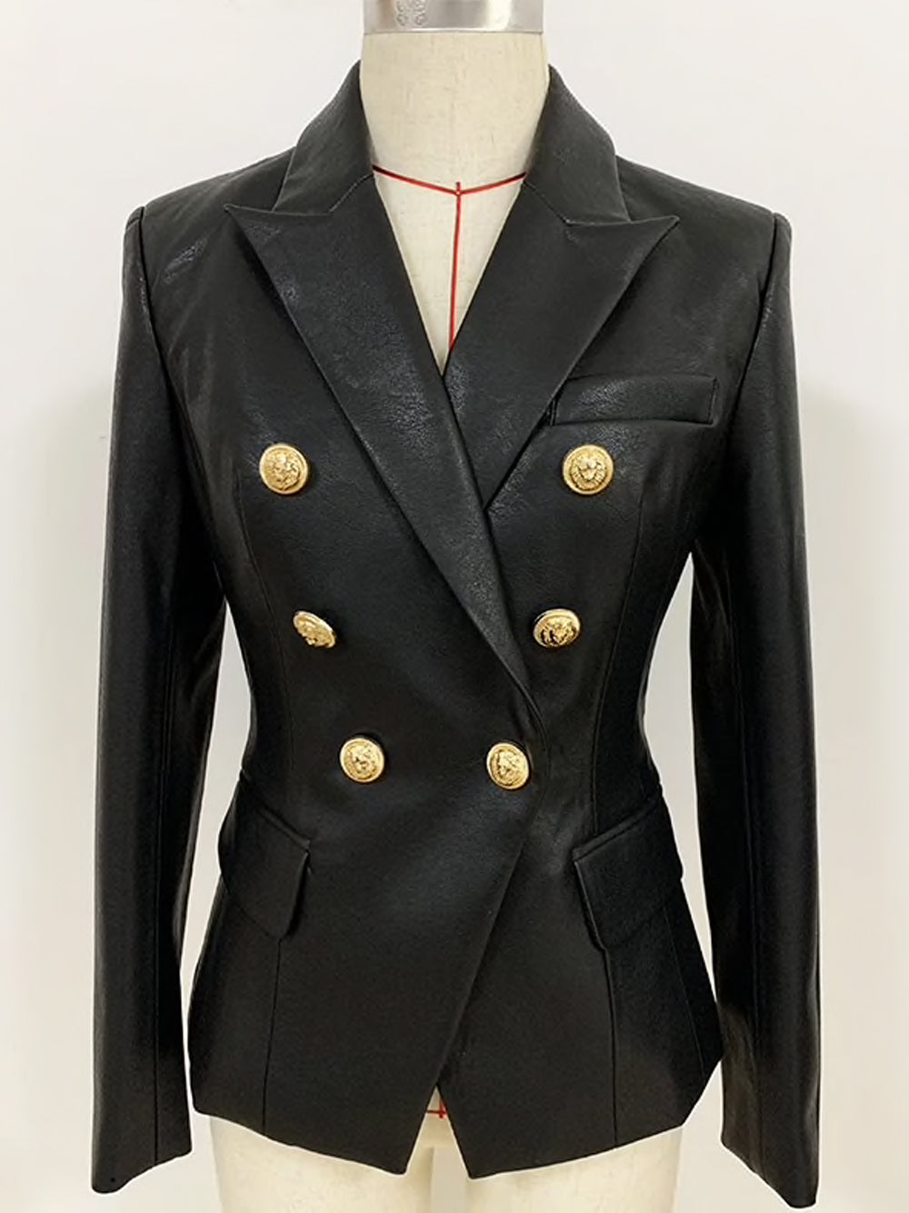 Black Peak Lapel Double-Breasted Gold Button Leather Blazer