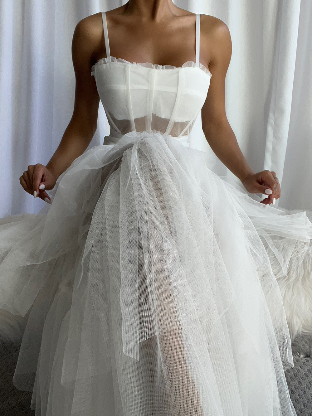 White Spaghetti Strap Straight Neck Corset Tiered Tulle Maxi Dress 4