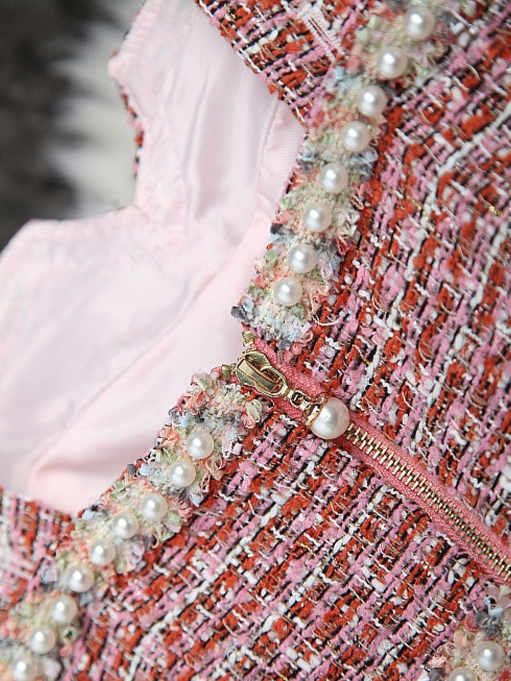 Pink Pearl Trim Tweed Jacket Slip Dress Set