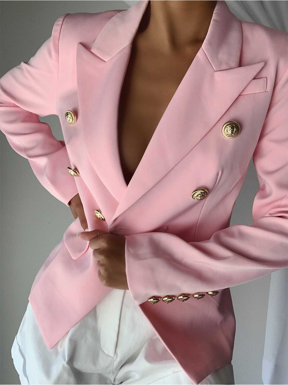Pink Peak Lapel Gold Button Double Breasted Fitted Blazer 4