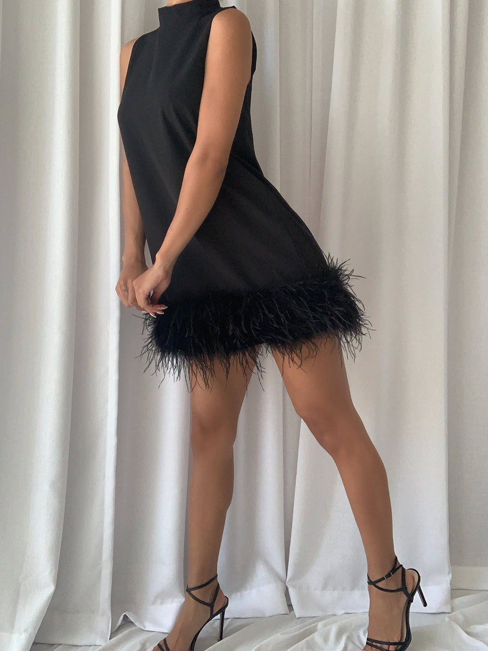 Black High Neck Sleeveless Feather Trim Hem Shift Mini Dress 3