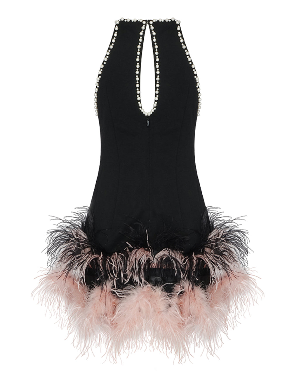Black Halter Neck Pearl Beaded Mesh Cutout Feather Hem Bodycon Mini Dress 5