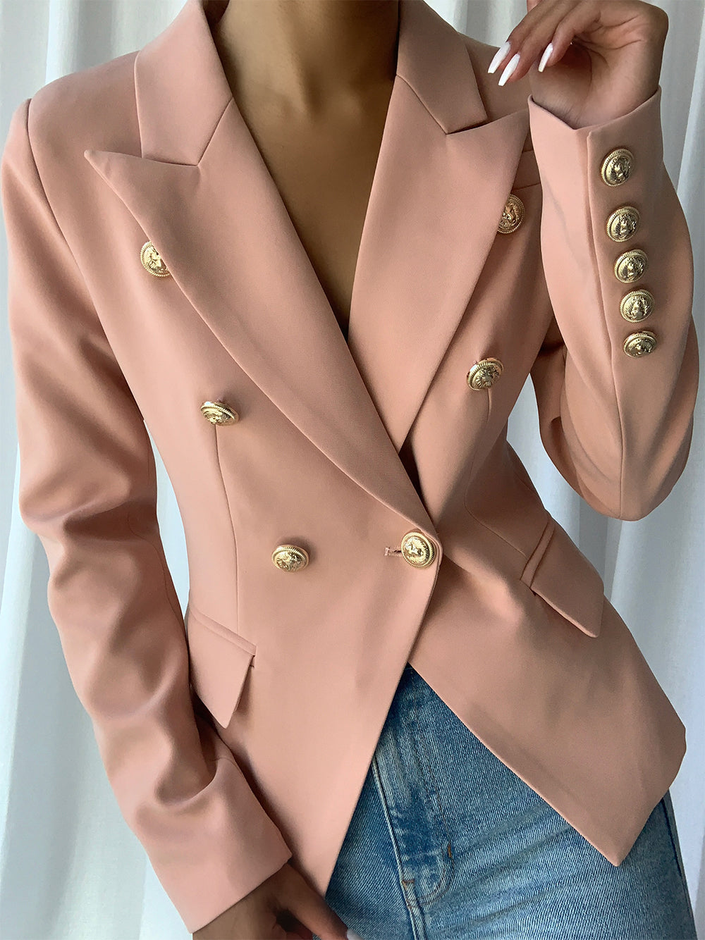 Beige Peak Lapel Gold Button Double Breasted Slim Blazer