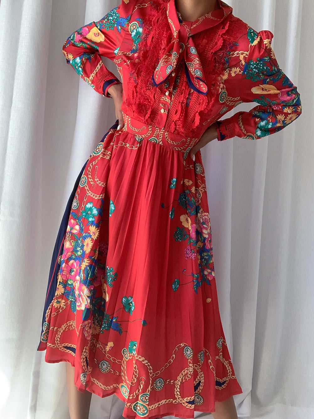 Red Bow Tie Neck Long Sleeve Floral Lace Pleated A-Line Midi Dress