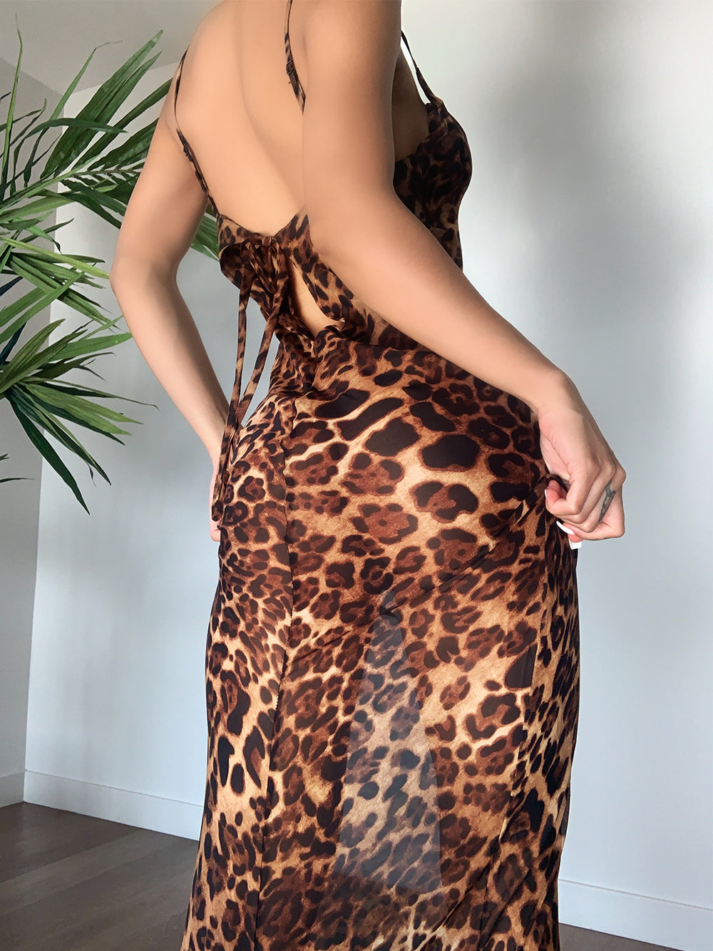 Leopard Cowl Neck Spaghetti Strap Leopard Print Ruched Satin Maxi Dress 2