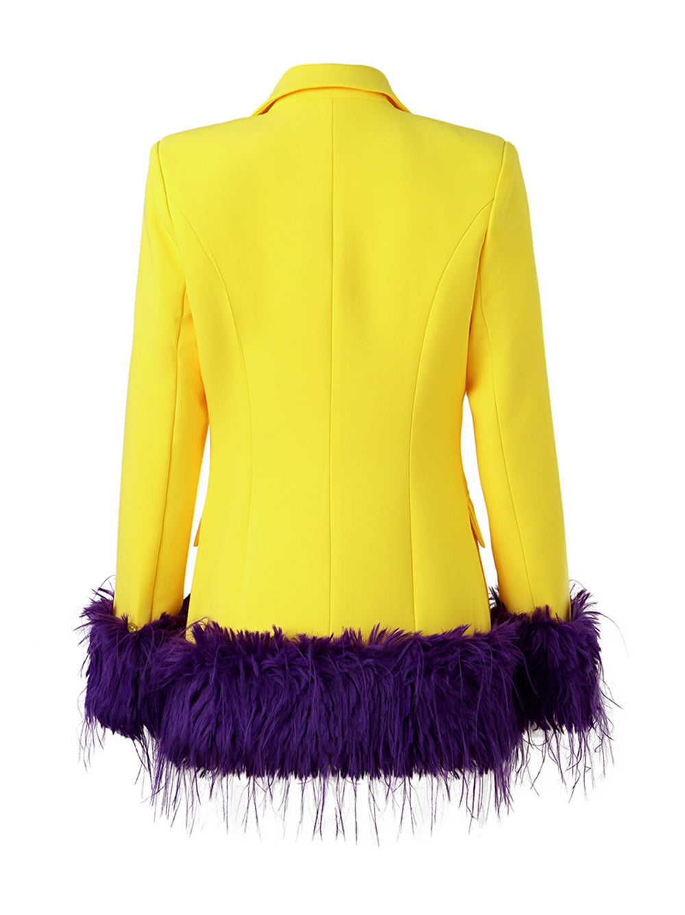 Yellow Peak Lapel Feather Trim Cuff Single Button Blazer