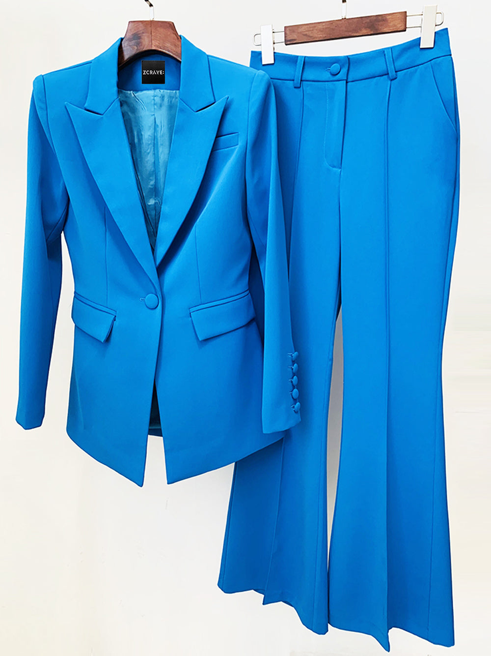Blue Peak Lapel Single Button Blazer And Flared Pants Set 3